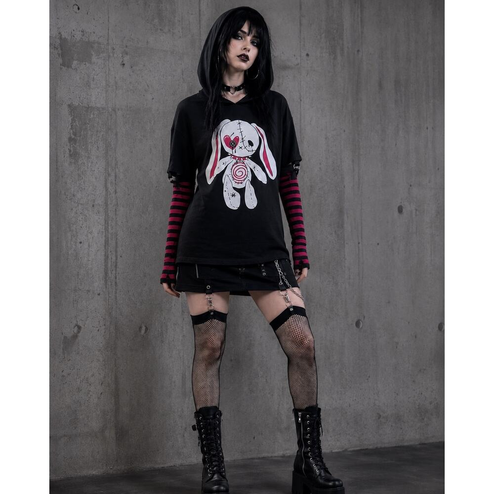 Social Collision Blk Red Gothic Bunny Hoodie S Emo Mall Goth Striped Sleeve Top